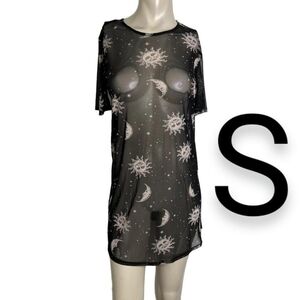 🆕Black Sun & Moon Print Design Mesh Over Sized Short Sleeve Mini Dress~Size S